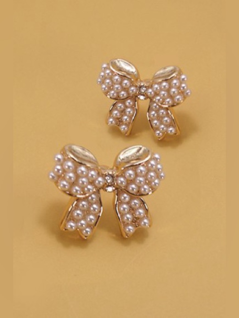 Mini Pearl Bow Ribbon Gold Earrings